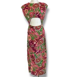 Linen and Life Dress Floral Maxi Long Pink Green Red Orange Size Medium